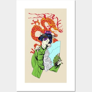 Geisha With Dragon Posters and Art